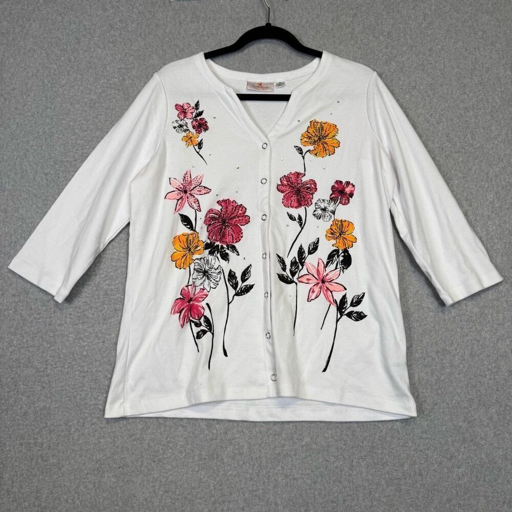 Vintage Quacker Factory Jeanne Bice Women’s M White Floral Embroidered Cardigan